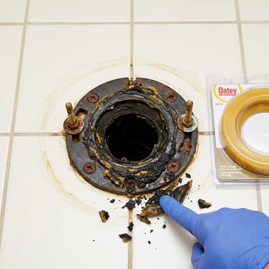 Failed wax ring showing water seepage at the base of a toilet in a Durham, CT home