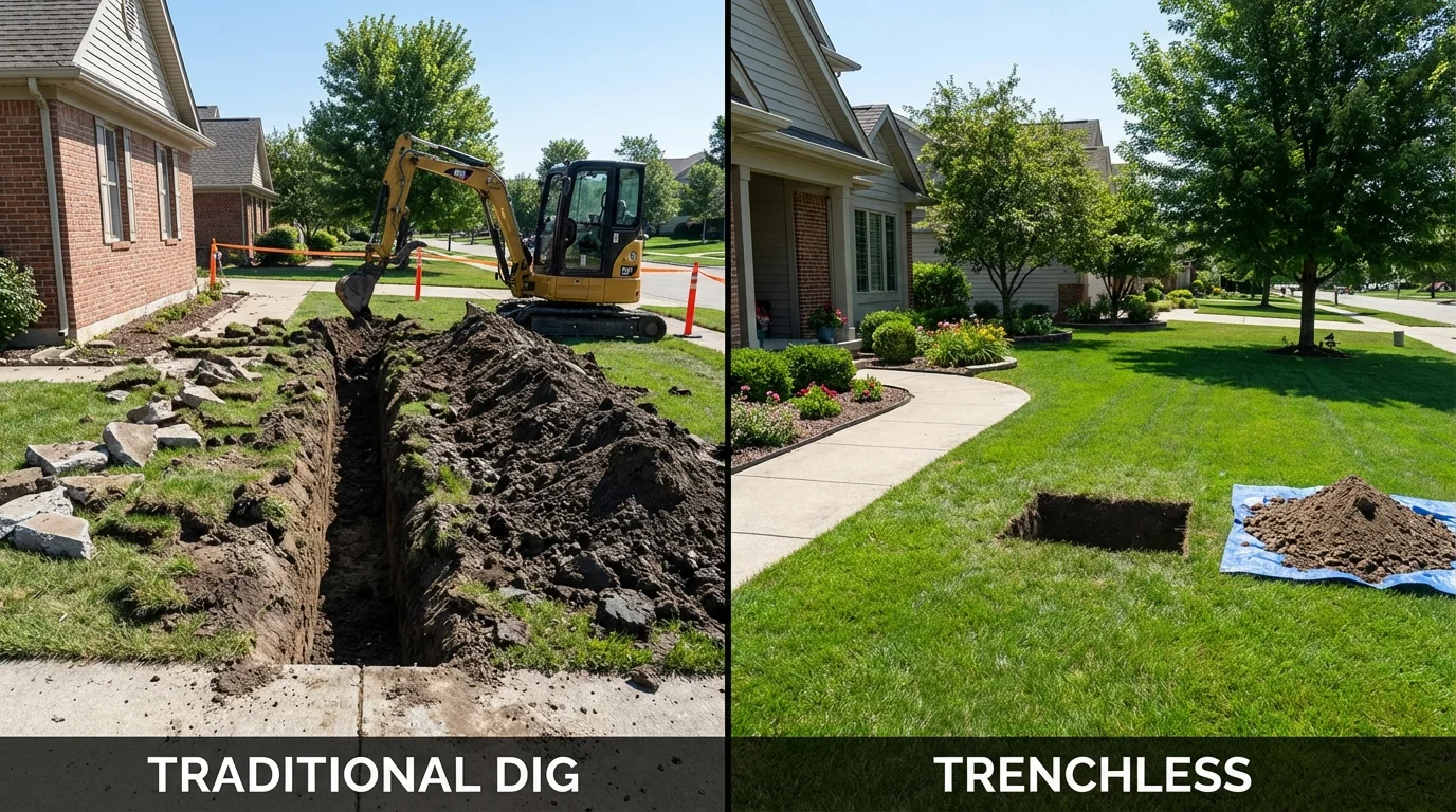 Trenchless sewer repair with minimal yard damage versus traditional excavation in Durham, CT
