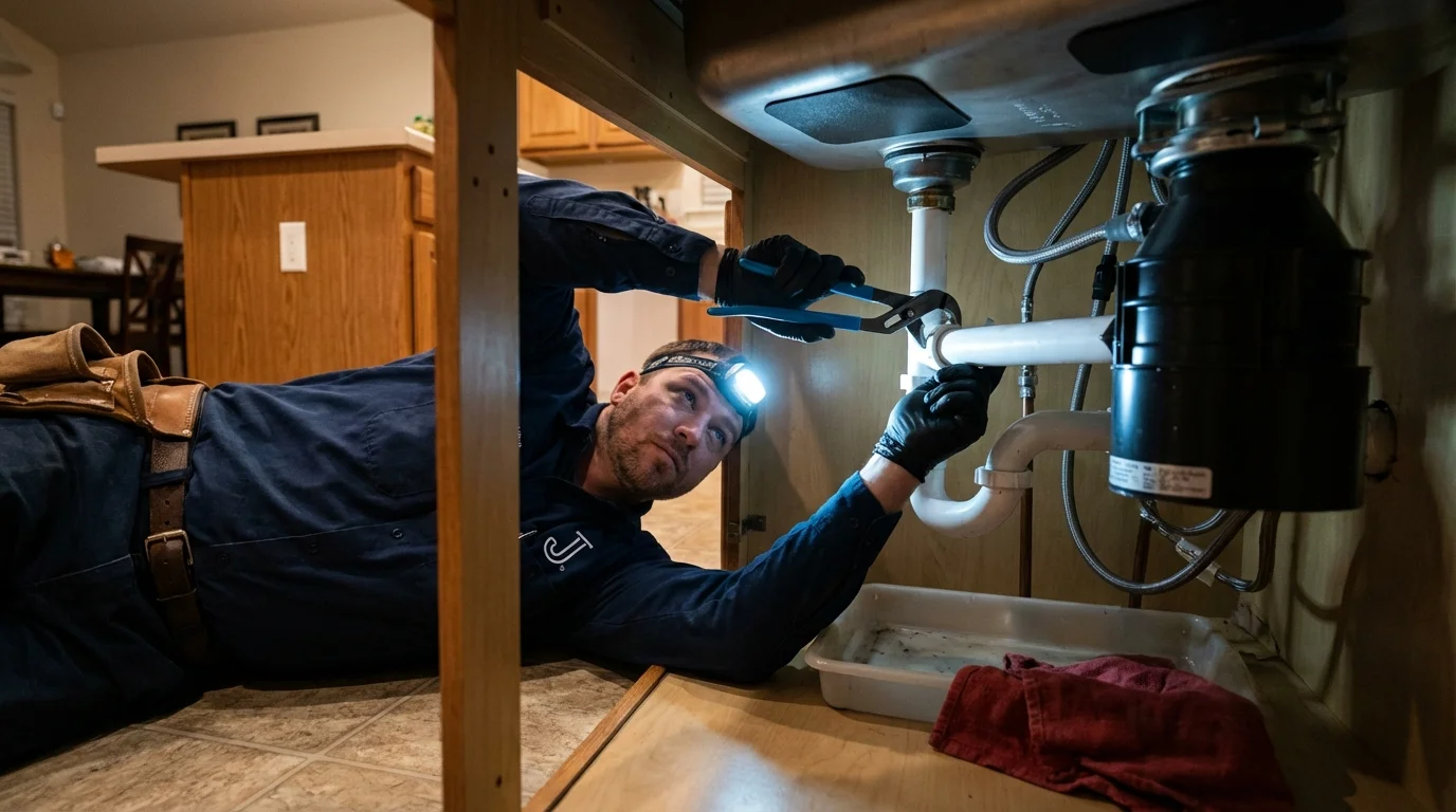 P-trap and supply line connections under a kitchen sink showing a common leak point in Durham, CT